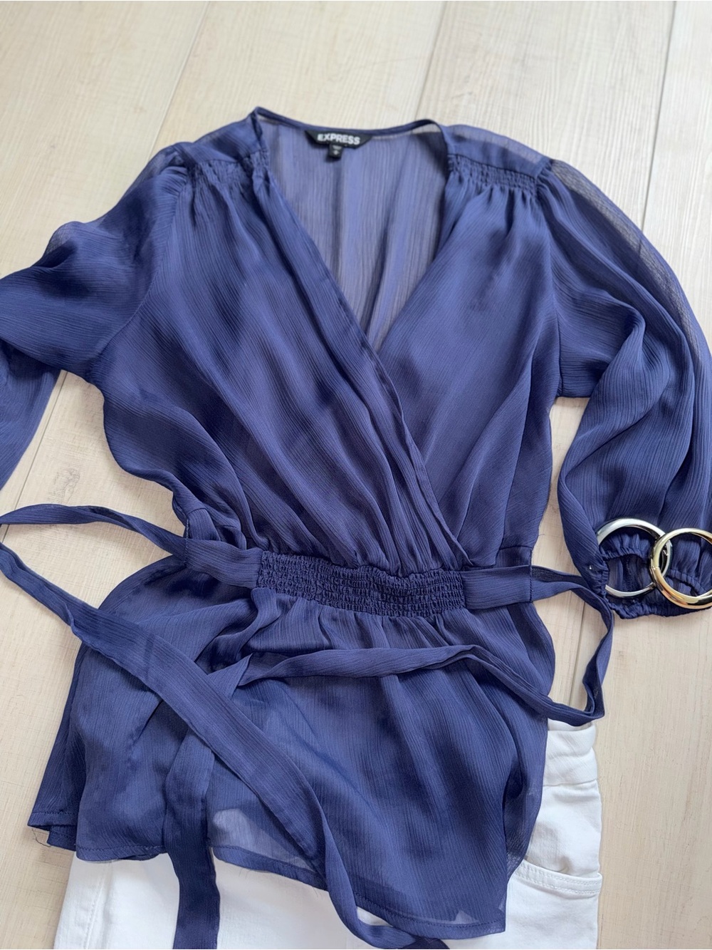 Express Blue/Periwinkle Sheer Wrap Blouse Size M Smocked Waist Tie | Peplum - Picture 2 of 7
